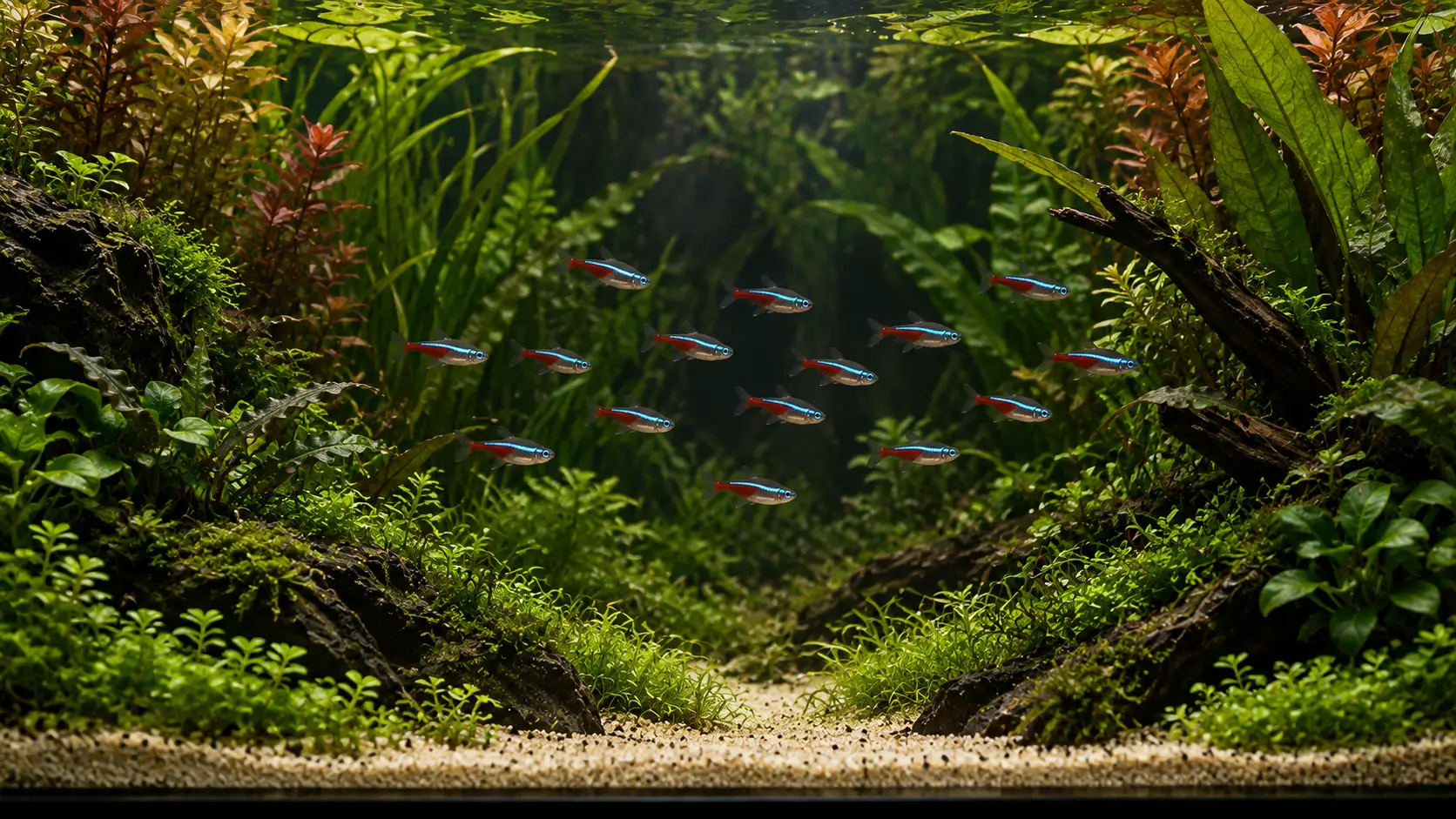 A school of fourteen neon tetras moving loosely through shaded open water between plant clusters