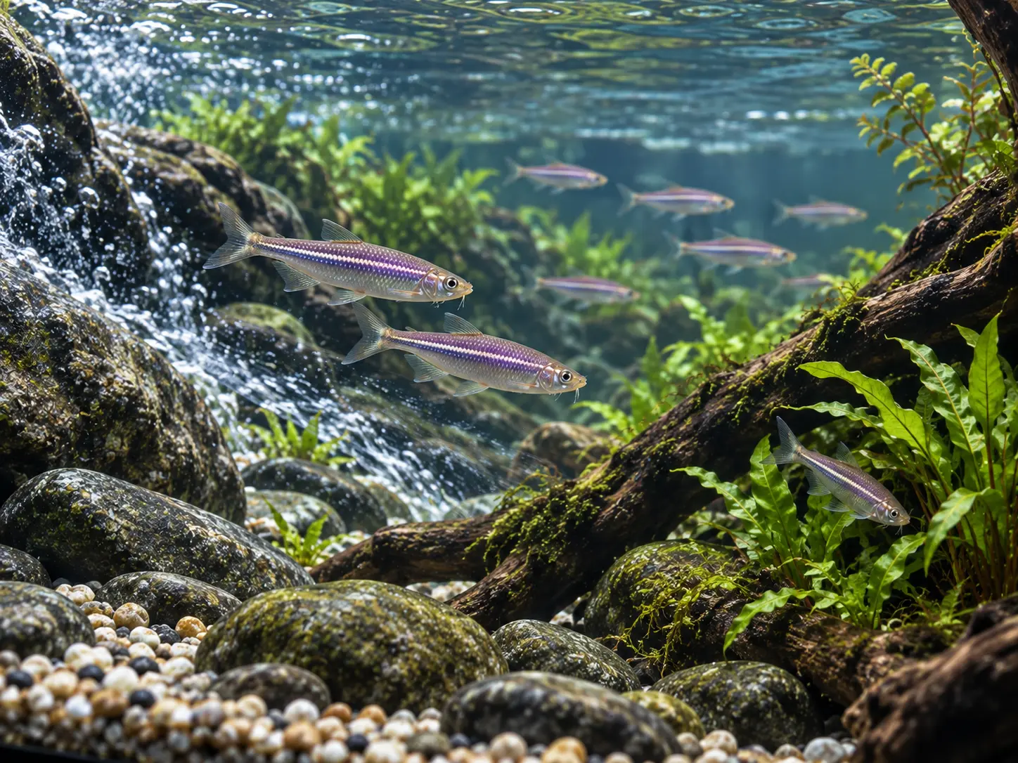 Pearl danios crossing open water while one chased fish reaches a calm planted refuge beside the main swimming lane