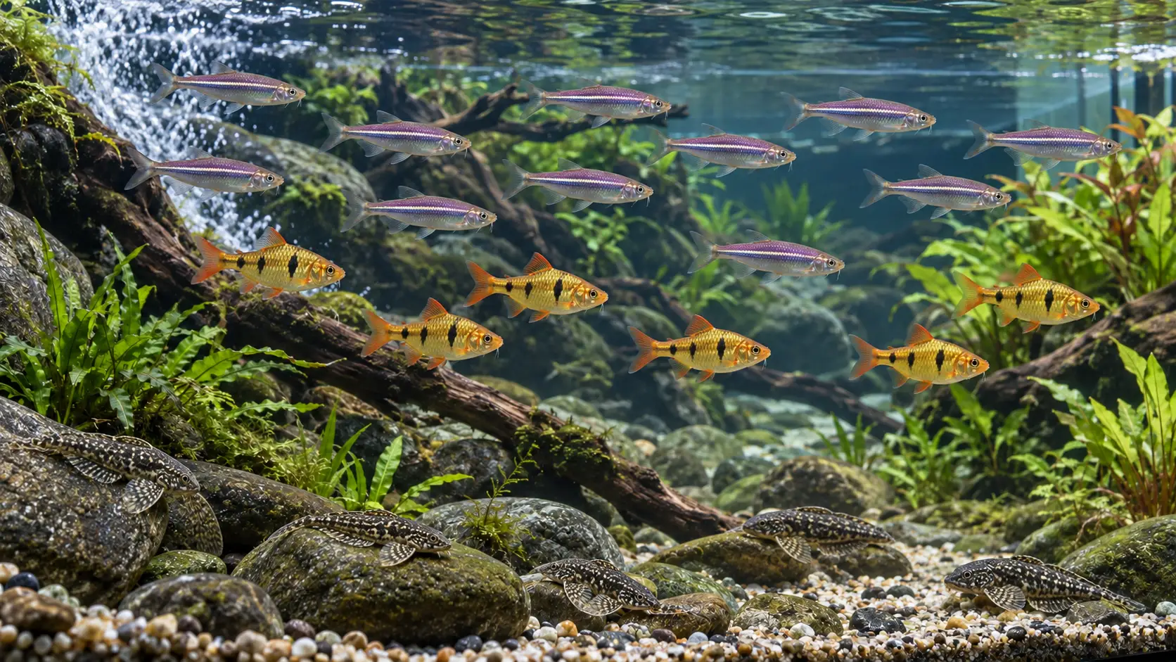 Pearl danios in the upper flow lane with robust barbs in middle water and hillstream loaches resting on rounded stones below