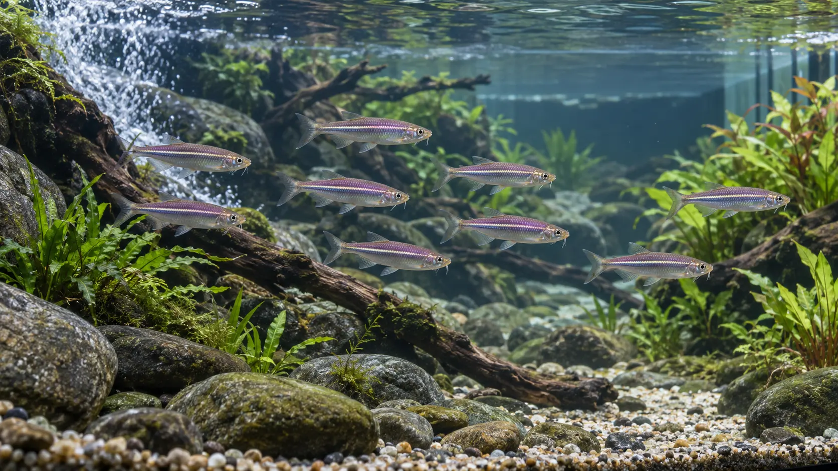 School of pearl danios swimming through a long oxygenated stream-style aquarium