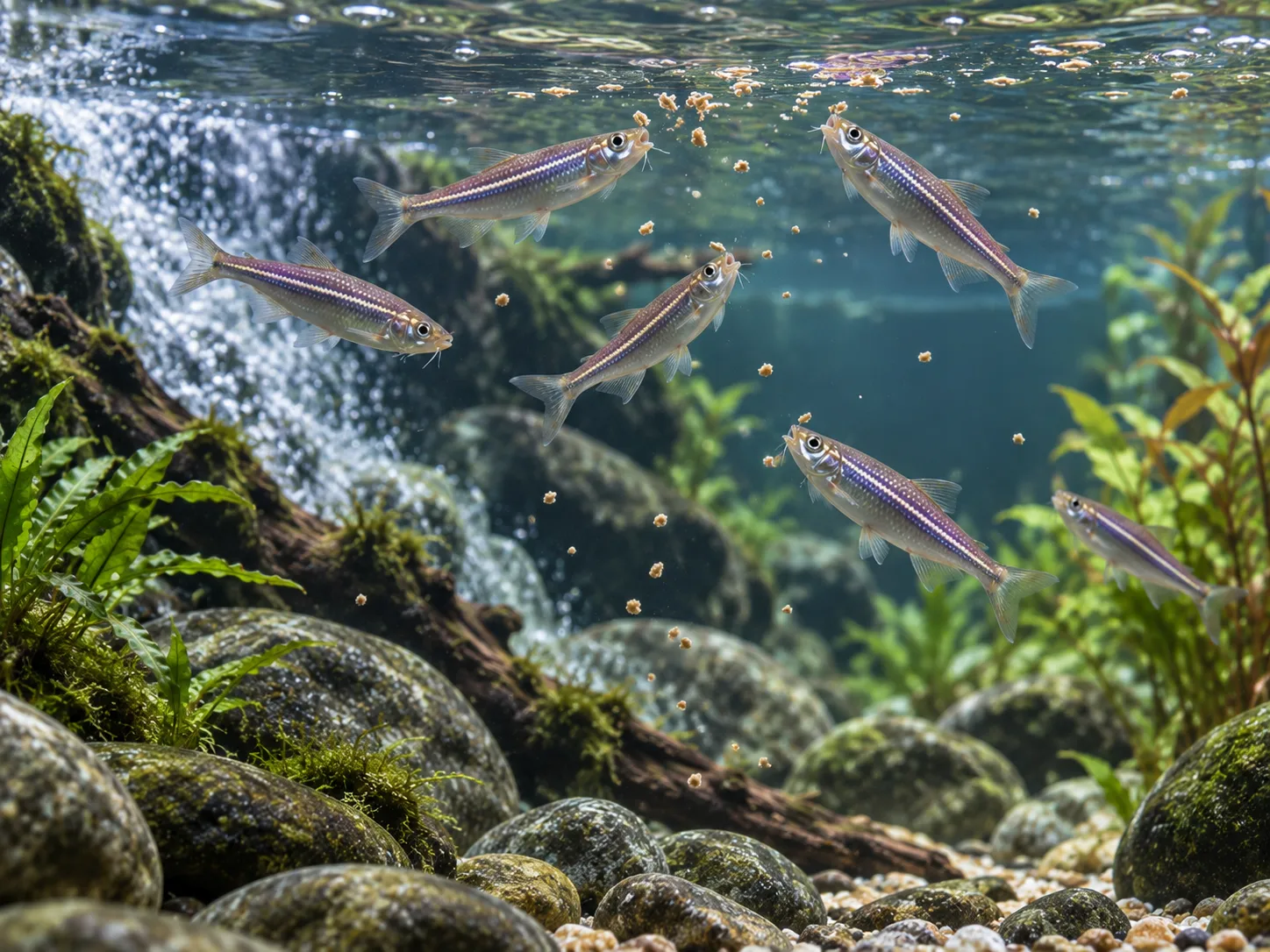 Pearl danios intercepting tiny drifting food in an open current lane above rounded stones