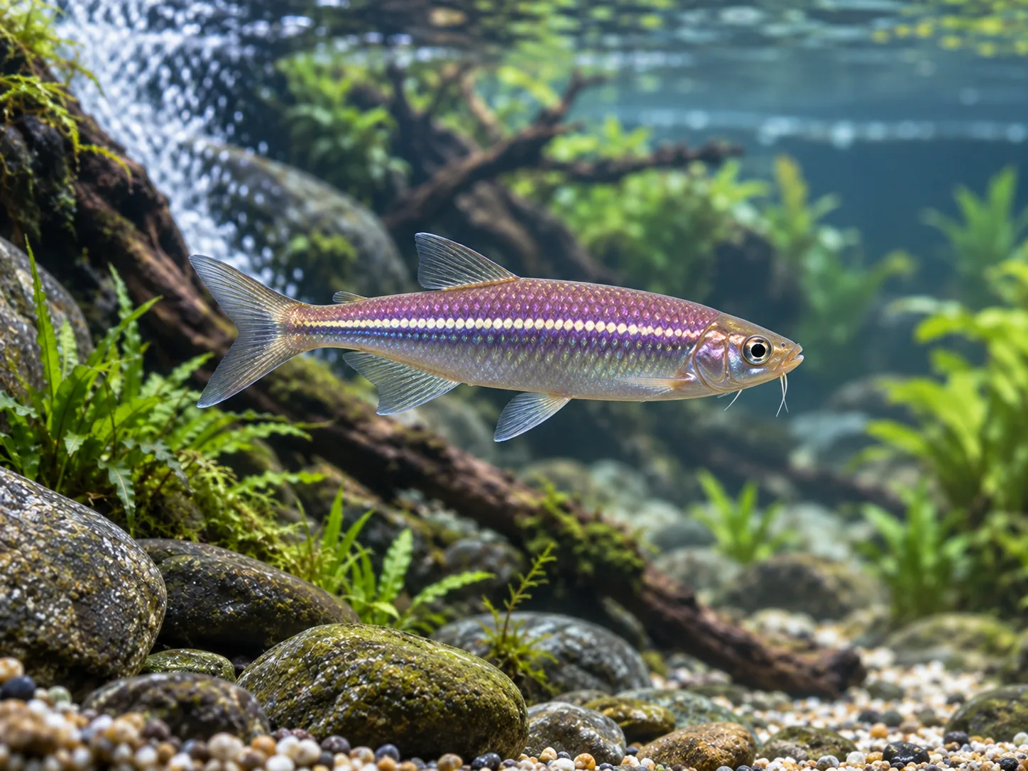 Adult pearl danio in side view showing a pink-violet sheen, pale horizontal tail stripes, forked tail, and fine barbels