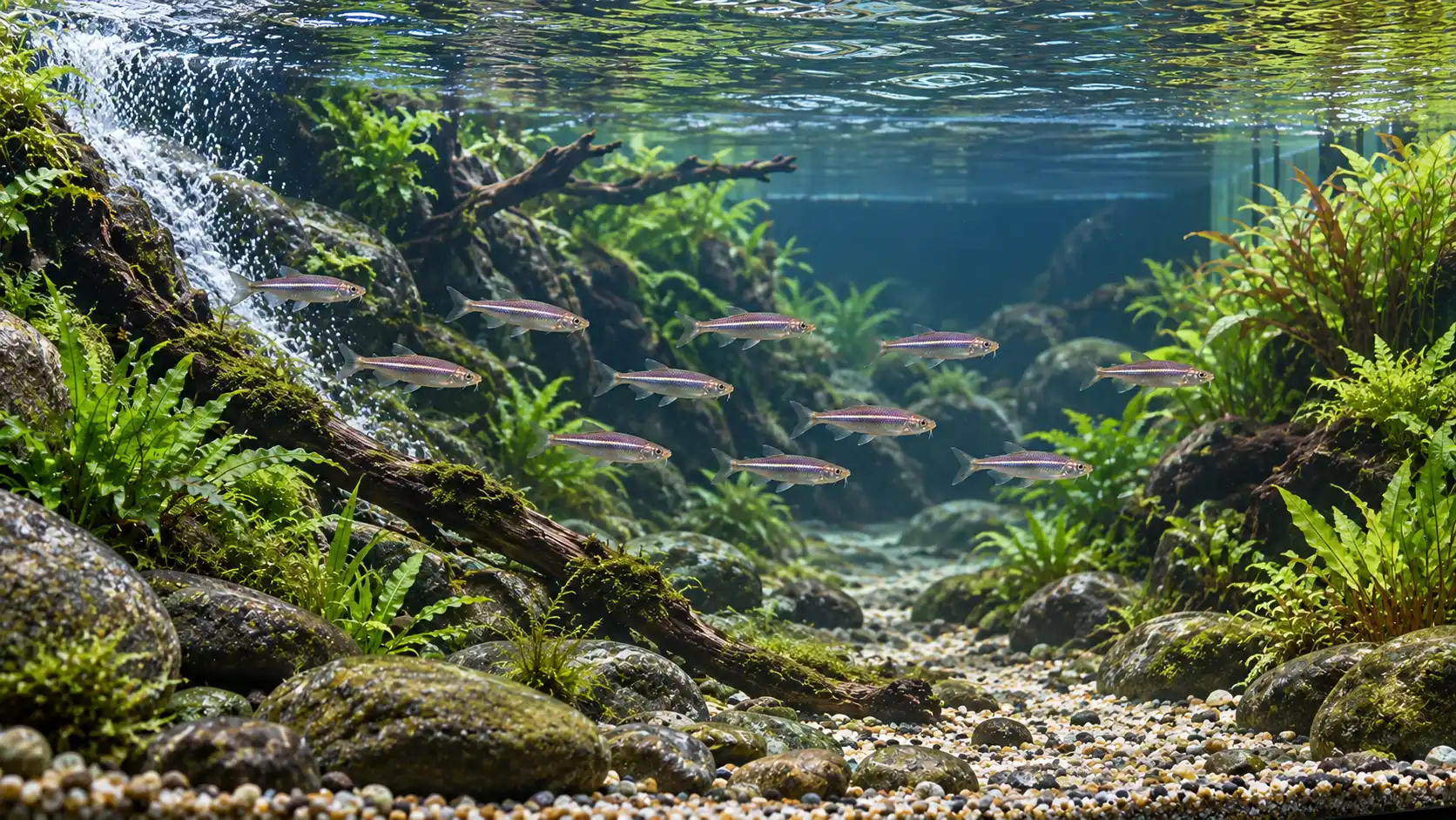 Long hill-stream-inspired pearl danio aquarium with rounded stones, branch wood, planted margins, and an open central flow lane
