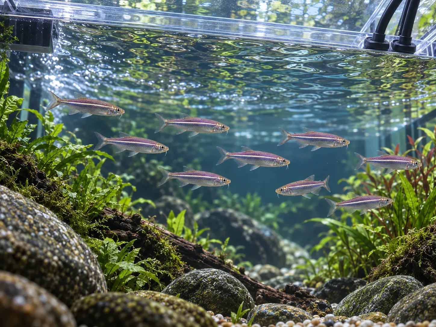 Long covered aquarium with pearl danios using open upper water below a fitted lid and clear service gaps