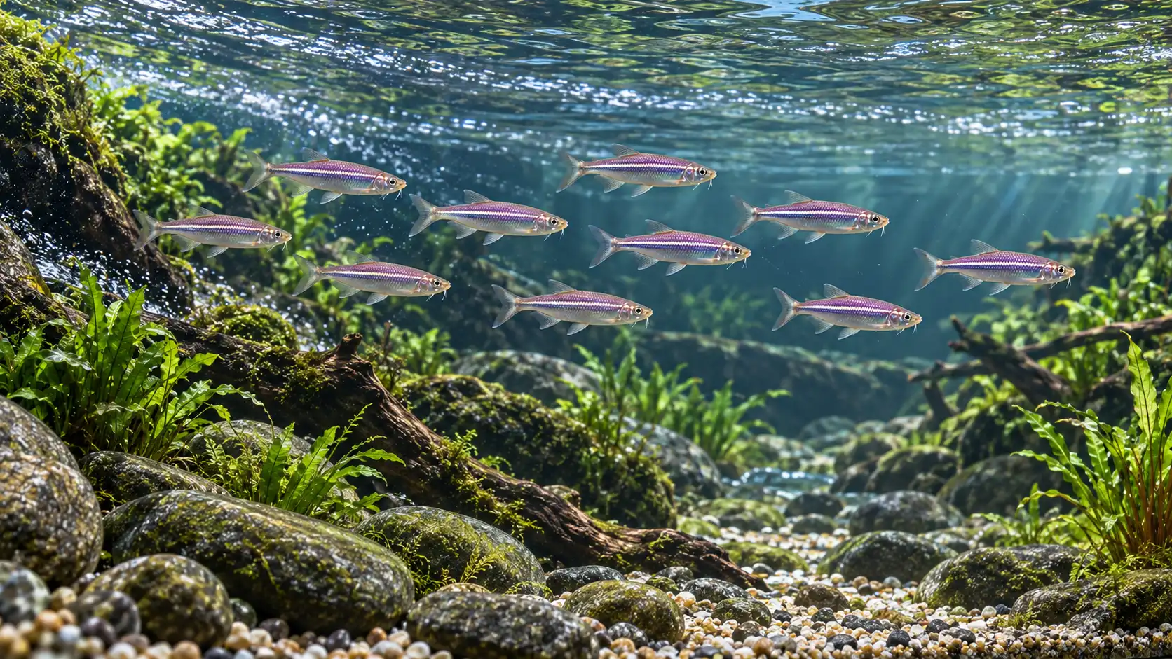 Ten adult pearl danios travelling as a loose school through a long open upper-water lane