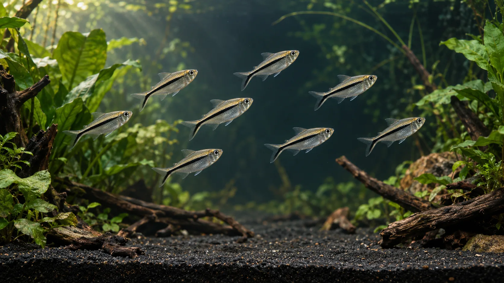 School of penguin tetras hovering in open midwater of a shaded planted aquarium with driftwood and dark sand