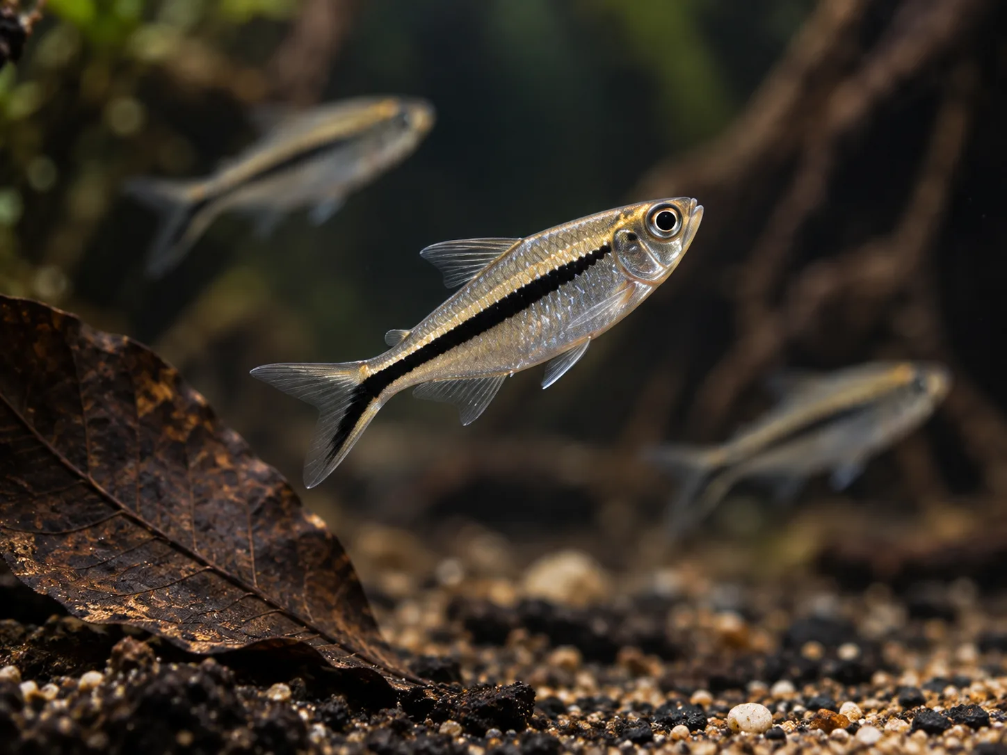 Adult penguin tetra in side view showing a slender silvery body and a thick black band running from behind the gill cover into the lower lobe of the tail