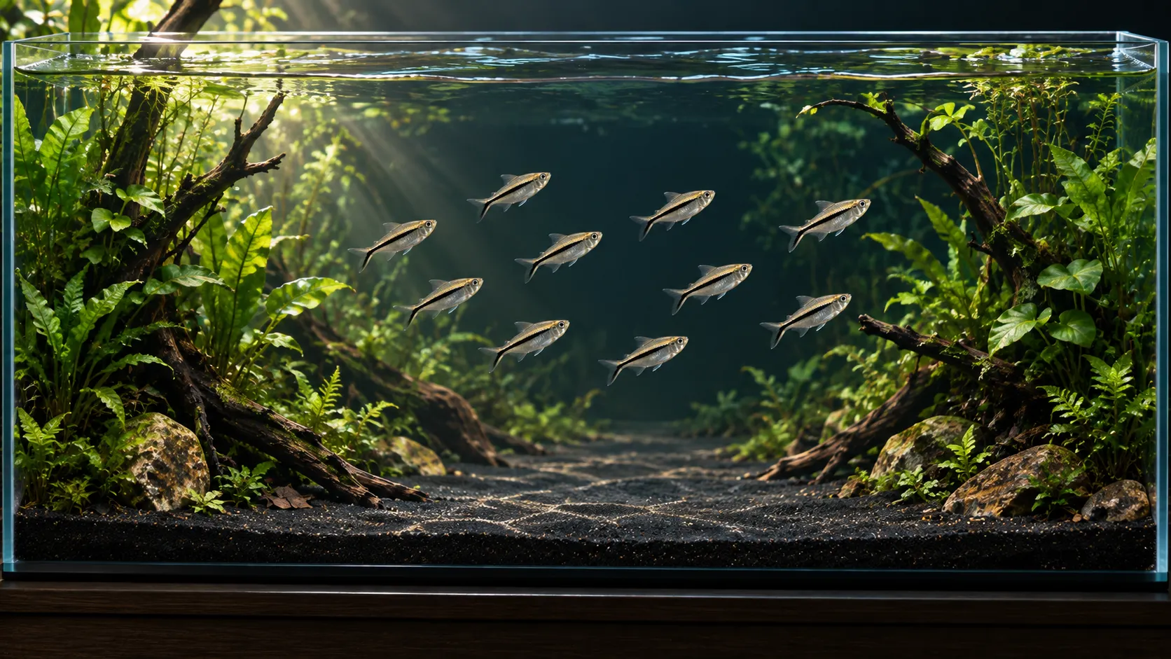 Long planted aquarium with driftwood and dense plants at both ends, dark sand, and a school of penguin tetras hovering in the open central water