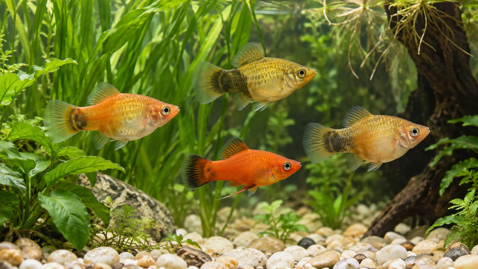 Five platies of mixed sex and colour, including a red male and gold females with dark tail bands, swimming among tall plants and driftwood over pale pebbles