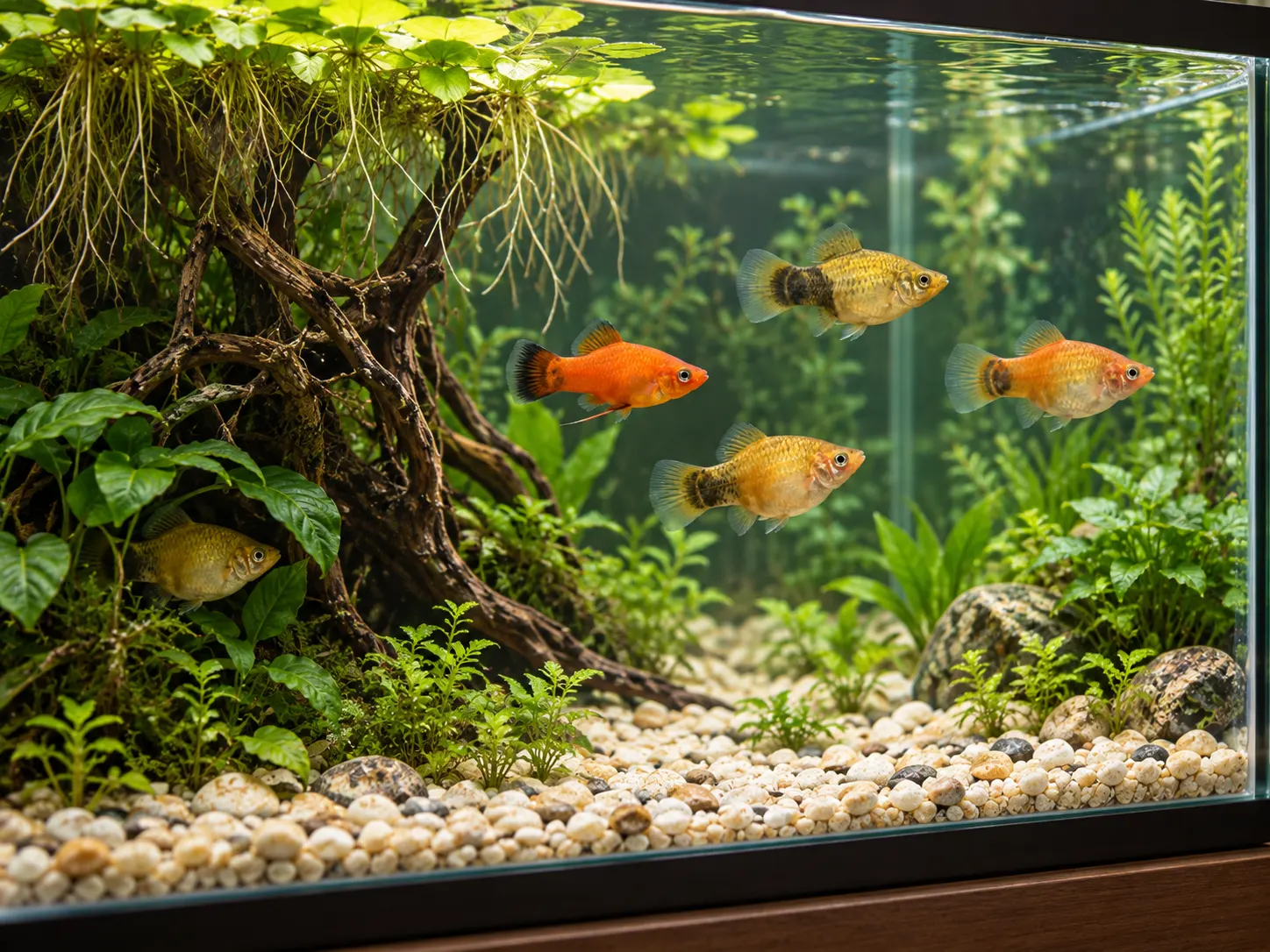 Planted aquarium with a large rooted driftwood piece, dense low plants, pebble substrate and a few platies in the open water, one resting among leaves