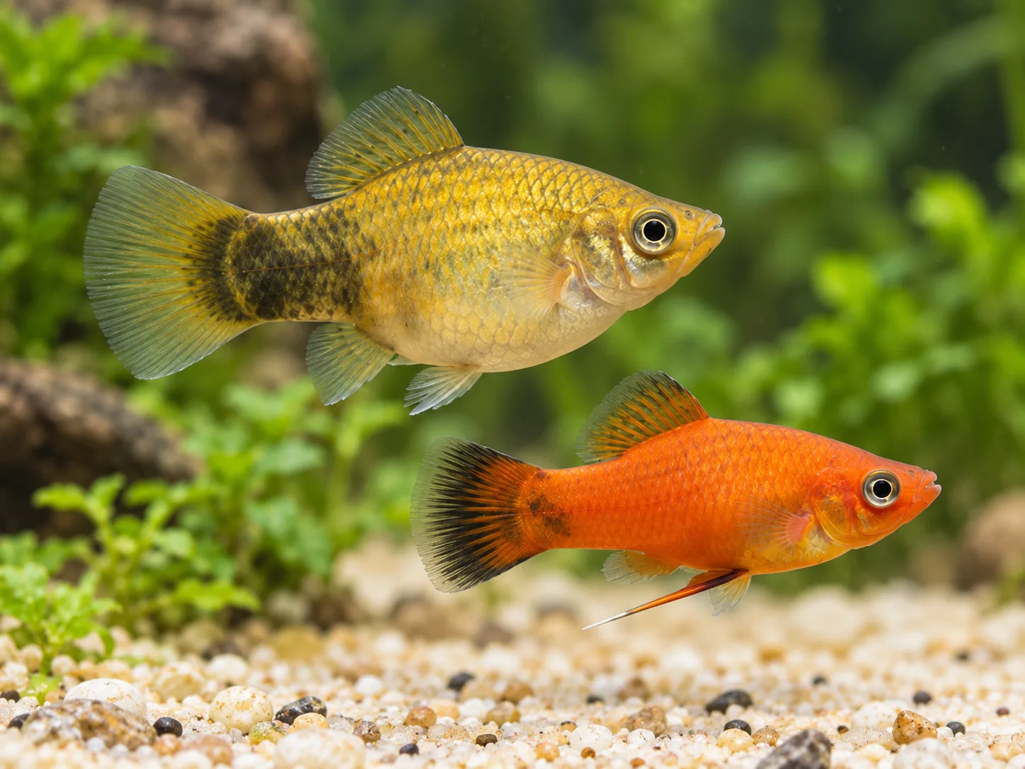 Larger deep-bodied gold female platy with a fan-shaped anal fin above a smaller red male platy showing a pointed gonopodium