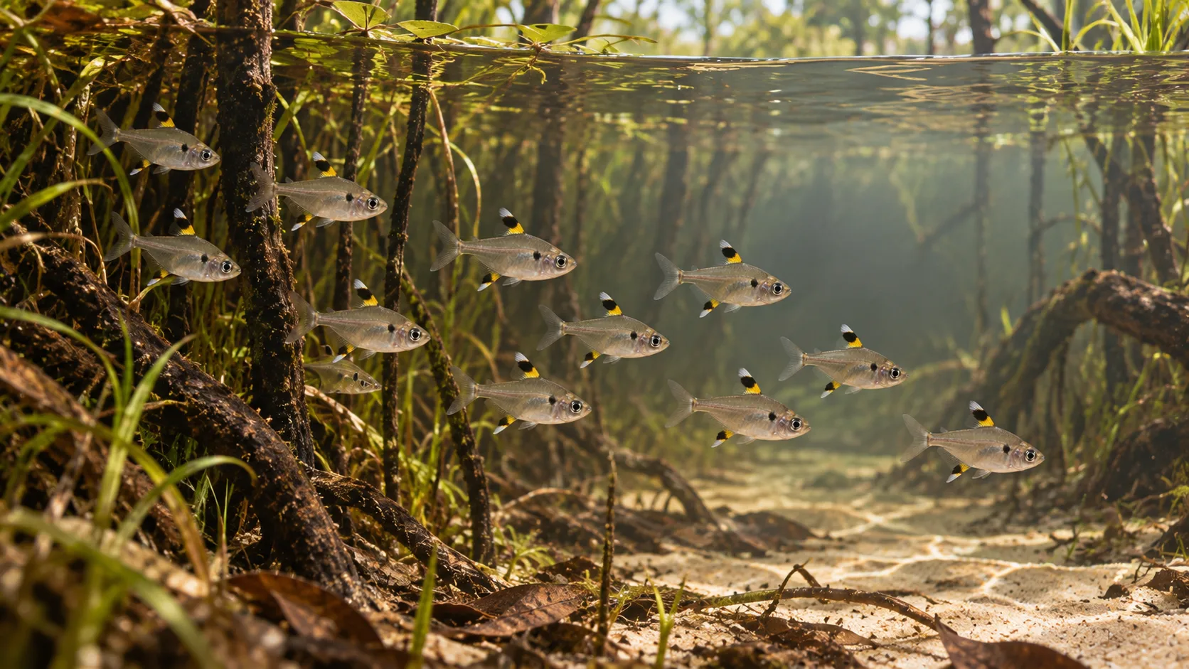 A loose school of pristella tetras in shallow water between tree roots and grasses, with a sandy bottom and sunlight at the surface