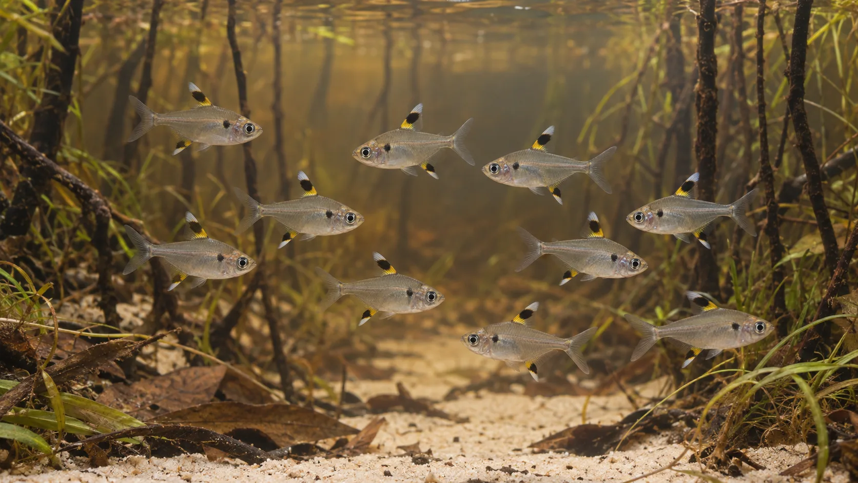 A school of pristella tetras with translucent bodies and black, yellow and white fin blotches hovering over pale sand between dark roots and grasses