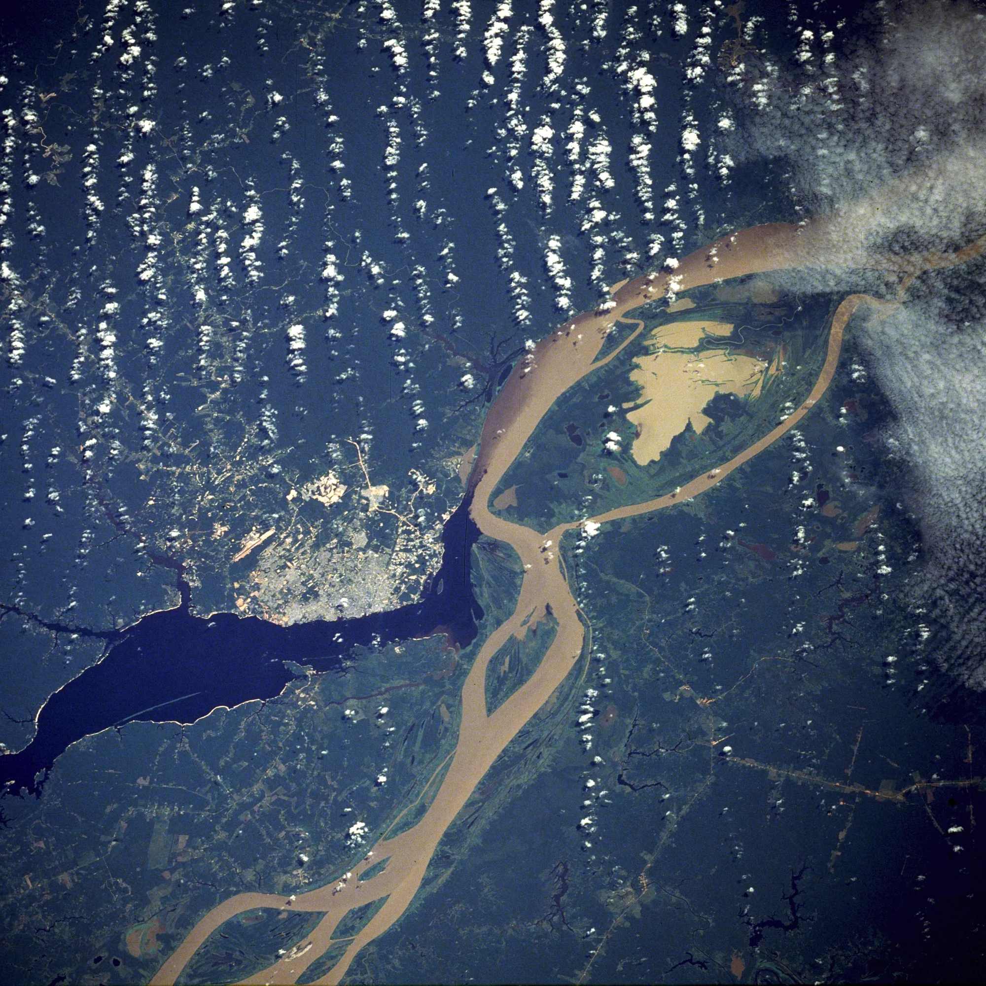 Satellite view of the dark Rio Negro meeting the pale sediment-laden Solimoes near Manaus, the two waters running side by side without mixing