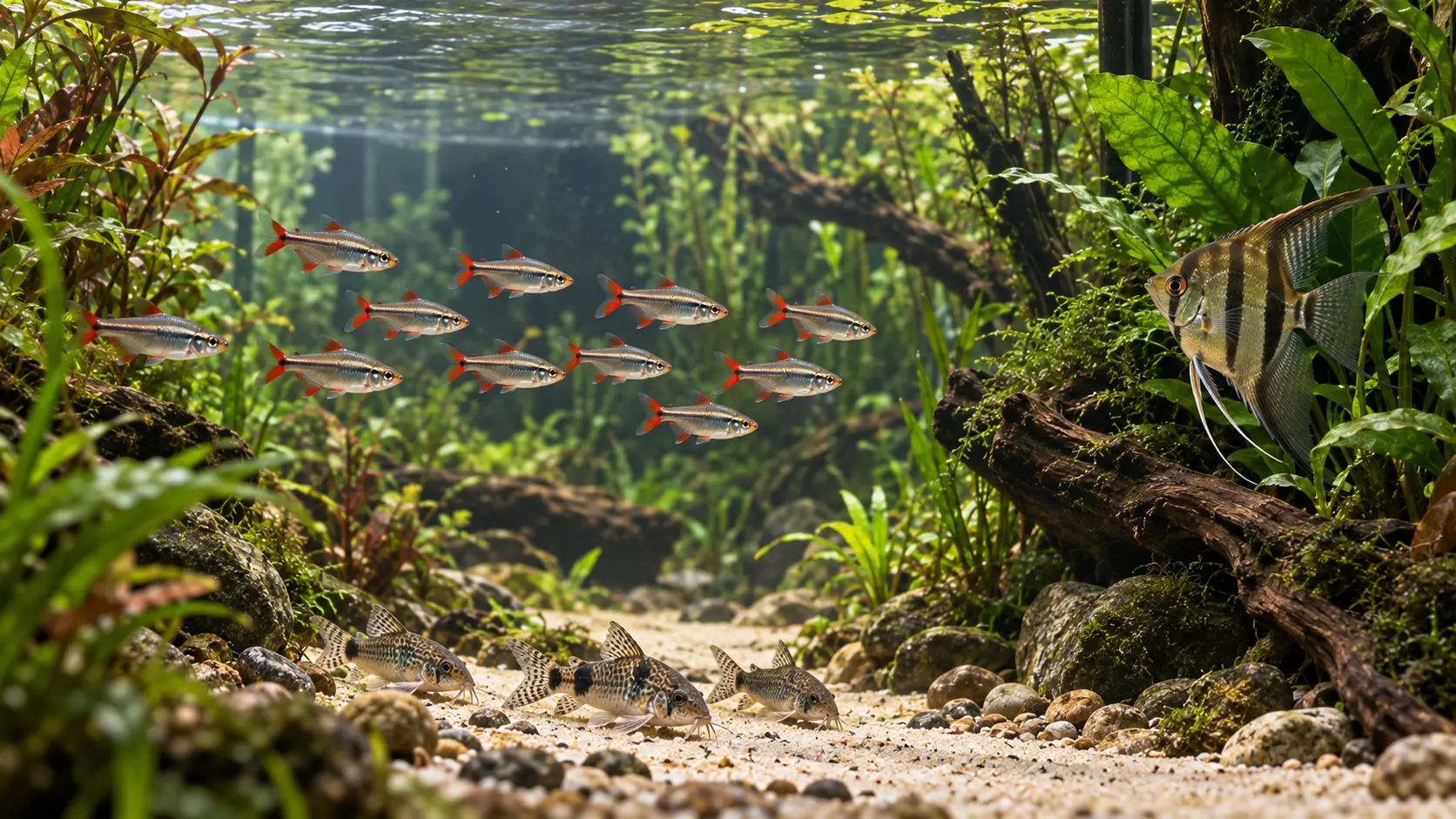 One midwater school, bottom-dwelling catfish and a calm centerpiece fish using separate zones in a long planted aquarium
