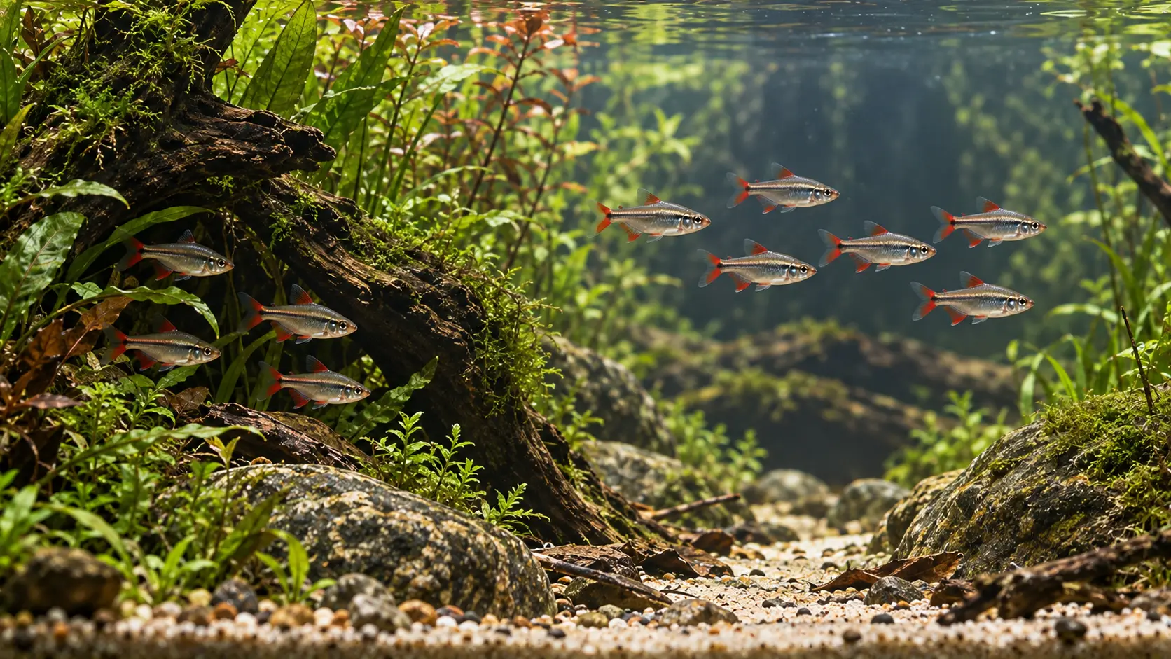 Small silver fish moving from planted refuge into an open swimming lane