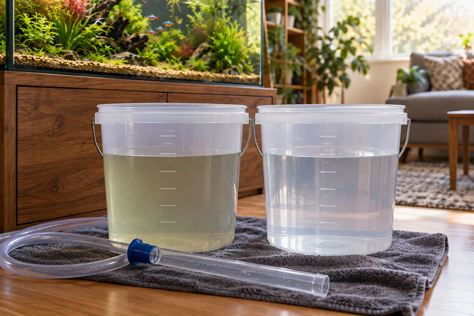 Two aquarium-only graduated buckets holding removed water and clear replacement water beside a siphon
