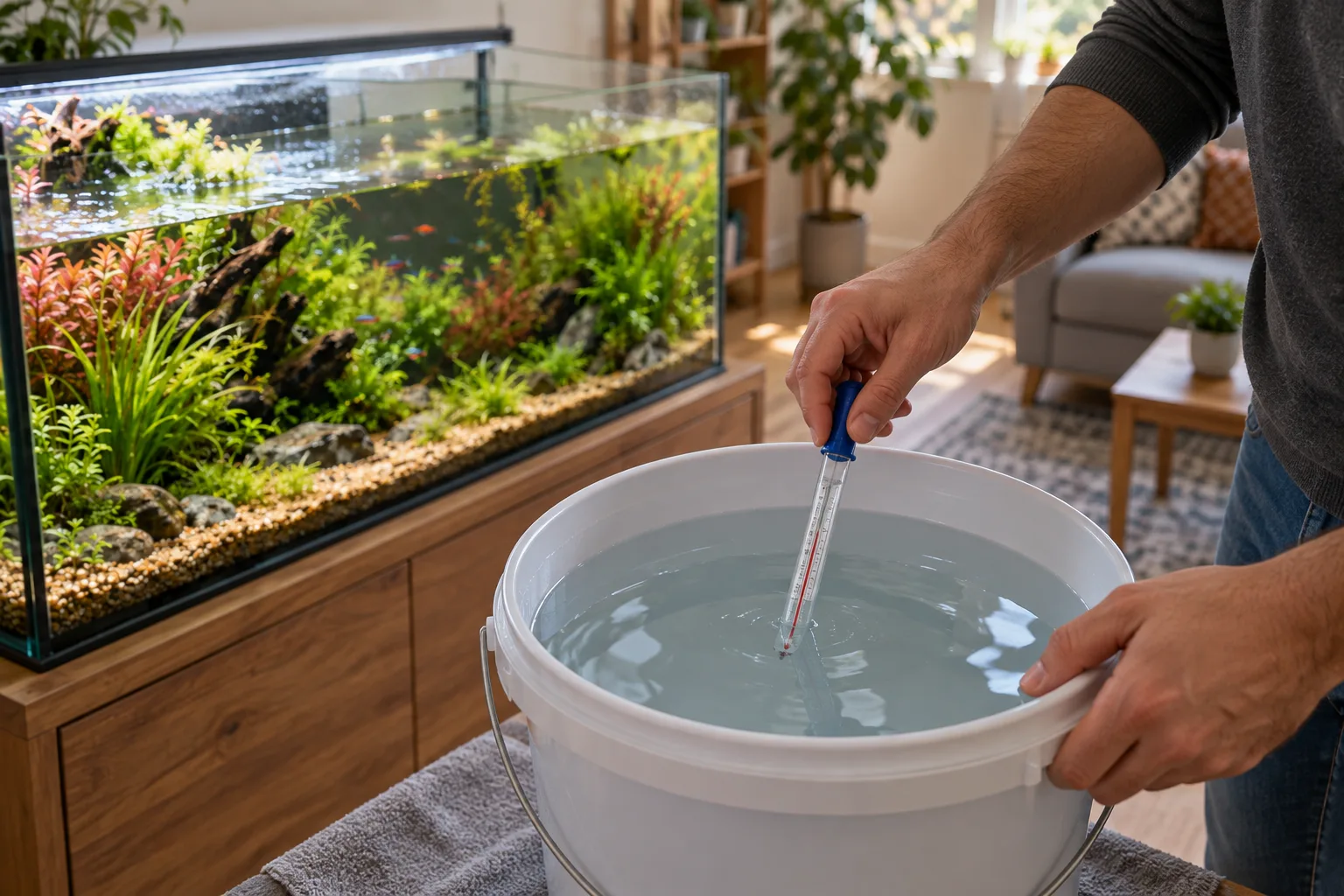 Aquarist checking the temperature of conditioned replacement water beside a partially drained planted aquarium