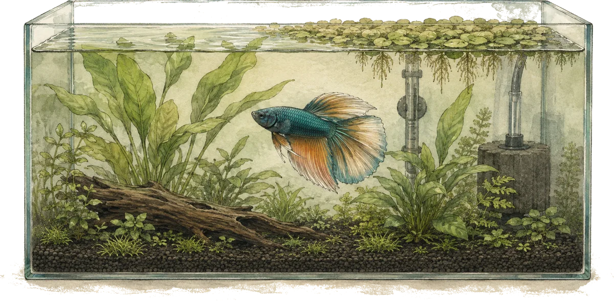 Illustrated planted betta aquarium with floating cover, open surface access, heater and sponge filter