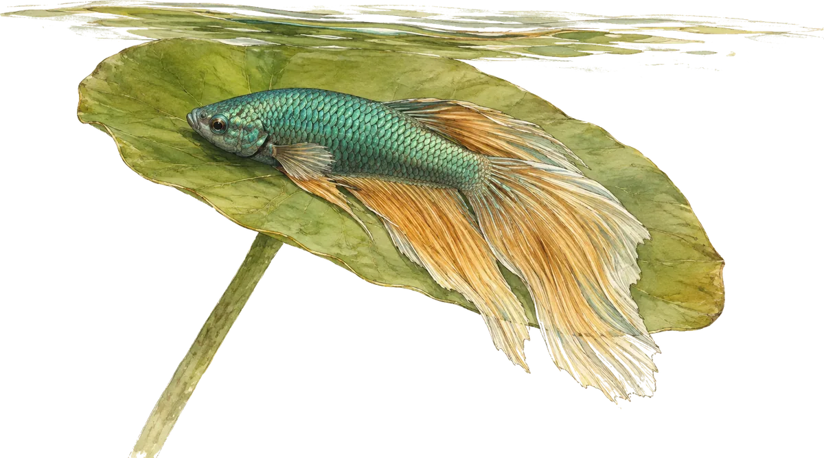 Illustrated long-finned Betta splendens resting with its body supported on a broad leaf near the water surface
