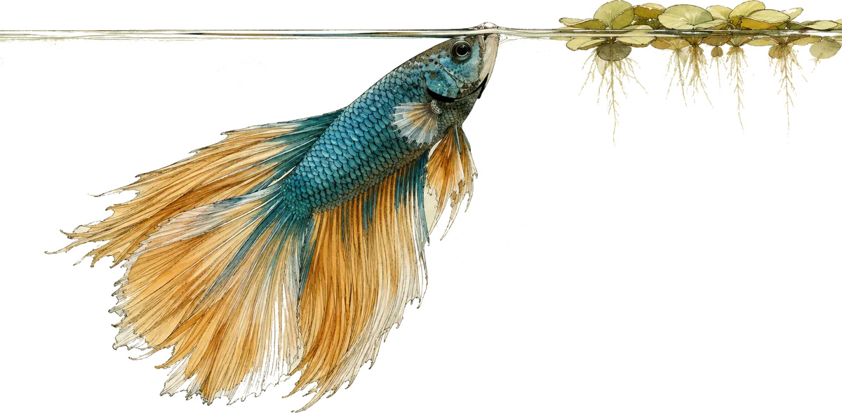 Illustrated Betta splendens rising through open water to take air at an unobstructed surface beside floating plants