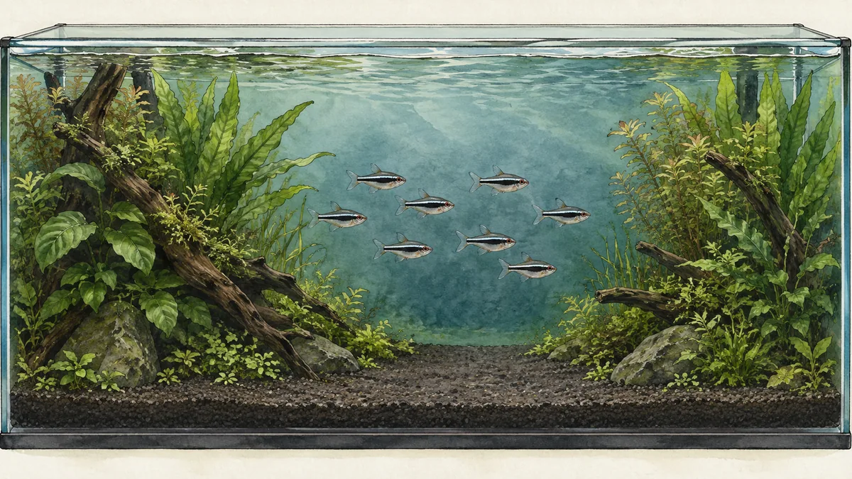 Illustrated black neon tetra aquarium with dense planted ends and an open central swimming lane