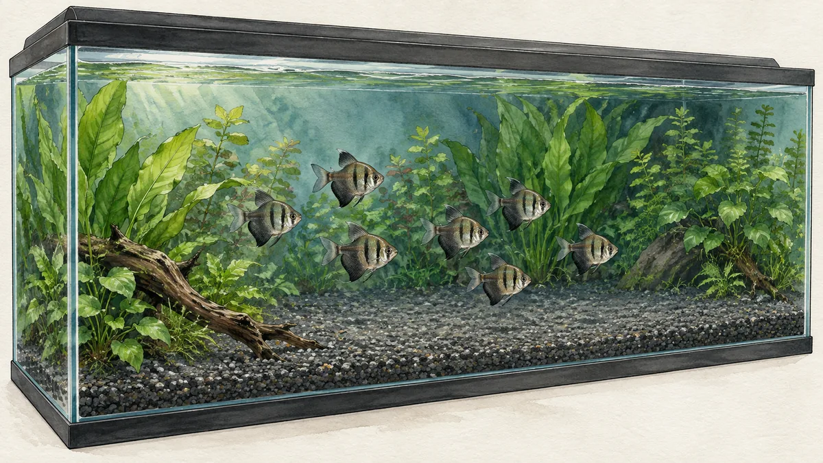 Three-quarter illustration of a long black skirt tetra aquarium with eight fish, planted margins and open swimming room