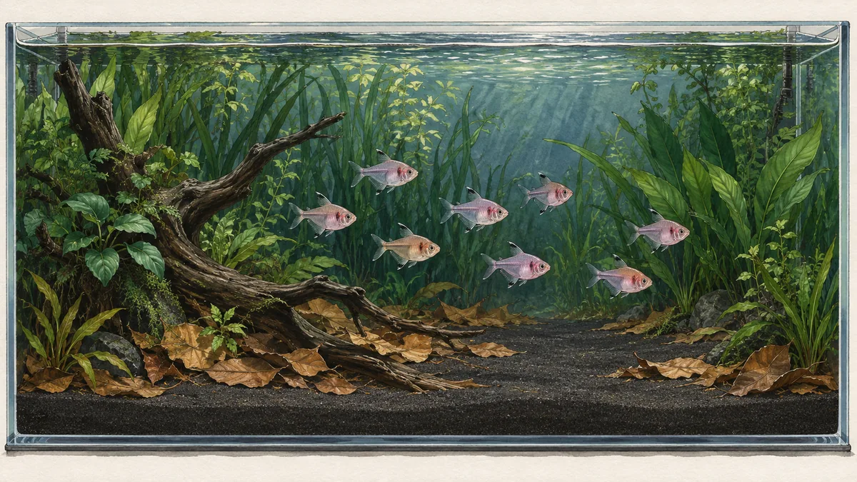 Illustrated bleeding heart tetra aquarium with a loose shoal, shaded plants, leaf litter and open midwater