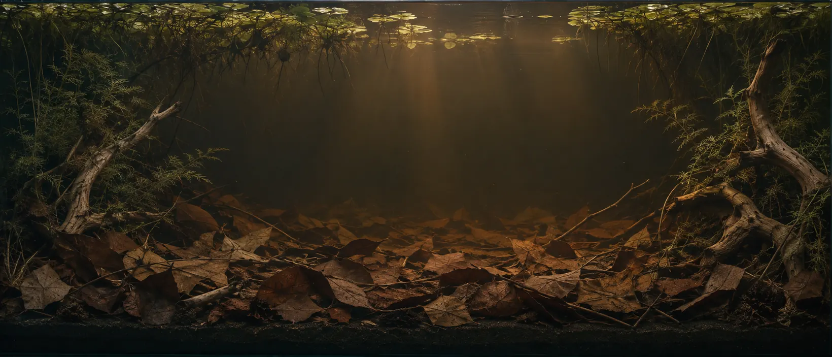 A long aquarium set up as a blackwater leaf litter tank, with tannin stained water, a deep bed of fallen leaves, wood and planting at both ends and a clear corridor of open water across the middle
