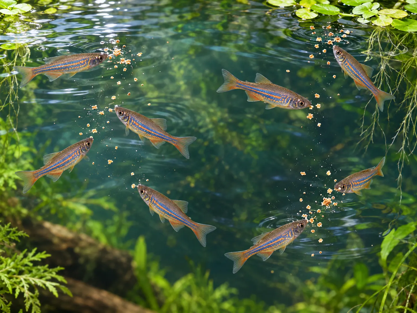 Eight giant danios feeding from three separated food releases across the aquarium surface