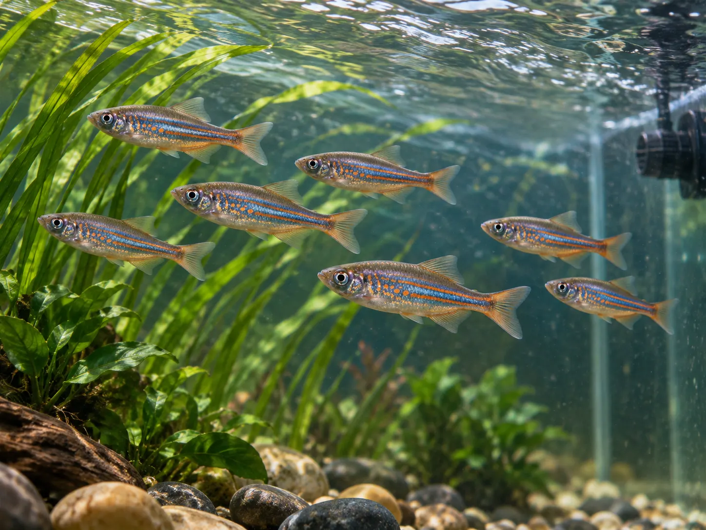 Six giant danios facing into a broad filter current above rounded gravel in a planted aquarium