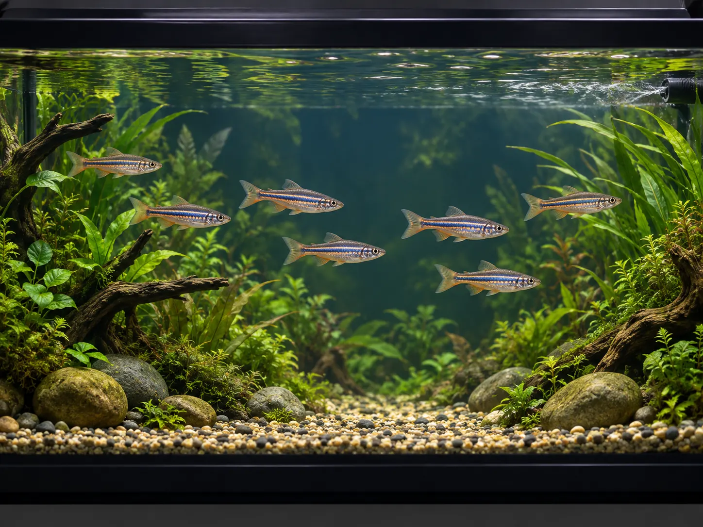 Seven giant danios using an open central swimming lane with plants and wood along the aquarium edges