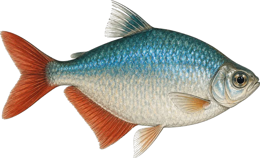 Field guide illustration of a Colombian tetra in side profile, a deep diamond-shaped silver body with iridescent blue over the back and bright red tail and anal fins