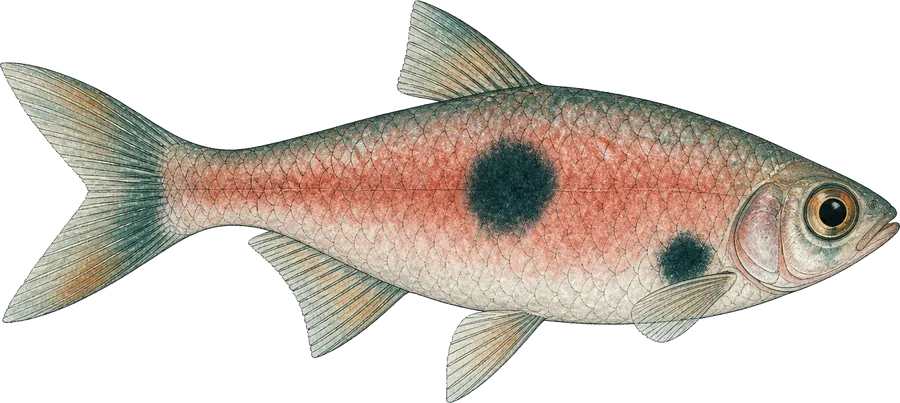 Field guide illustration of a clown rasbora in side profile, a pink-flanked minnow with a small dark blotch behind the gill cover and a larger dark blotch at mid-flank